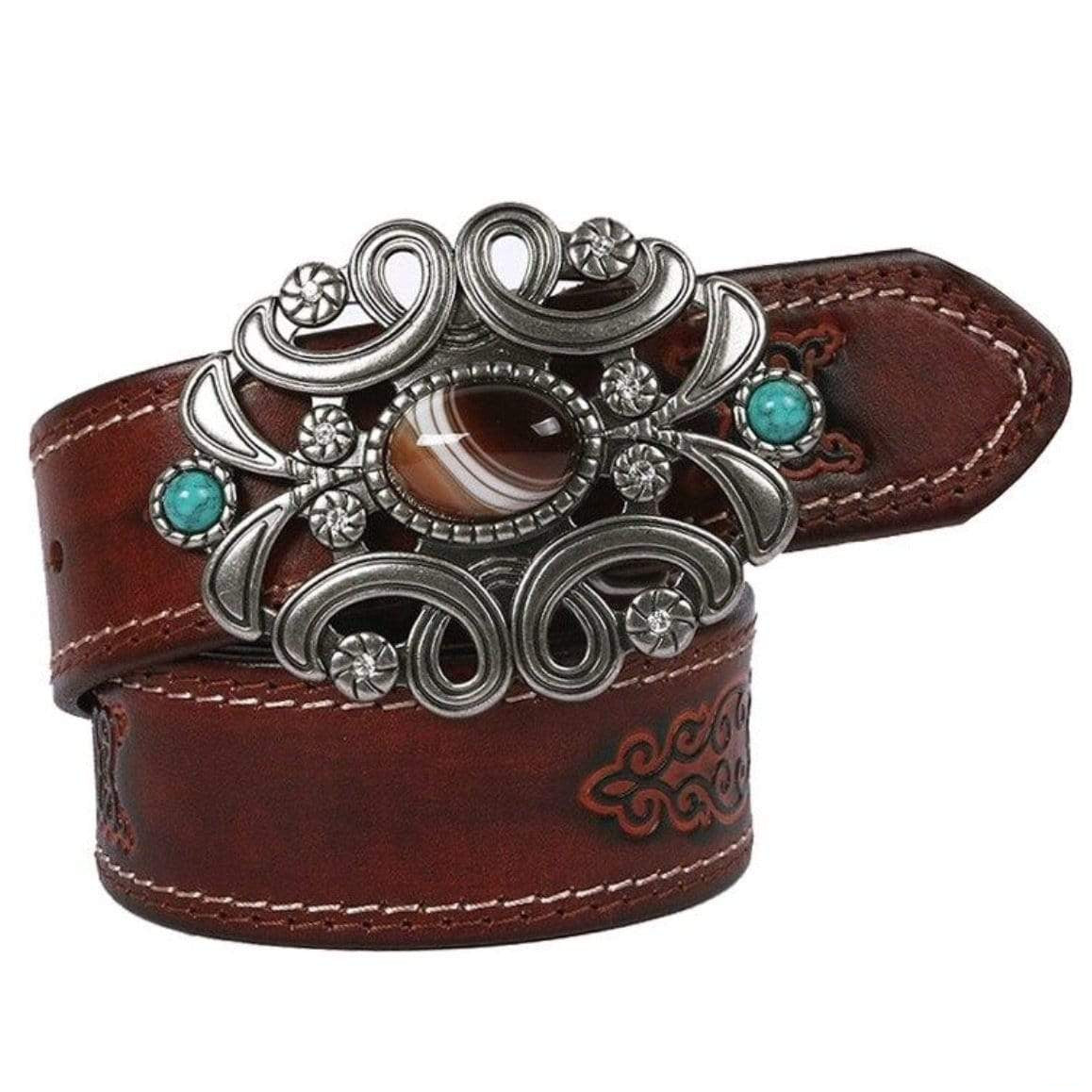 Brown leather belt with large silver and turquoise buckle.