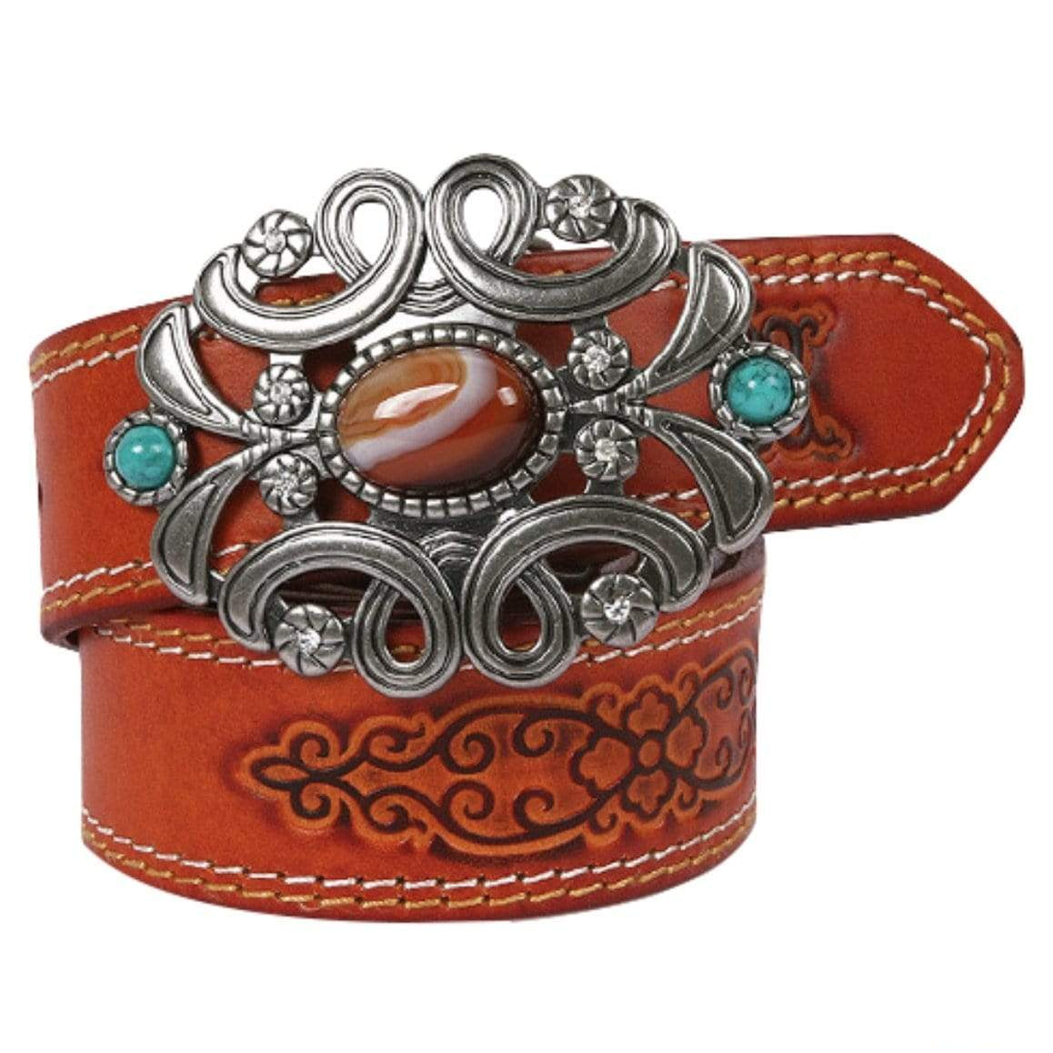 Close-up of a brown leather belt with an ornate silver buckle featuring a brown striped stone, turquoise accents, and floral patterns.