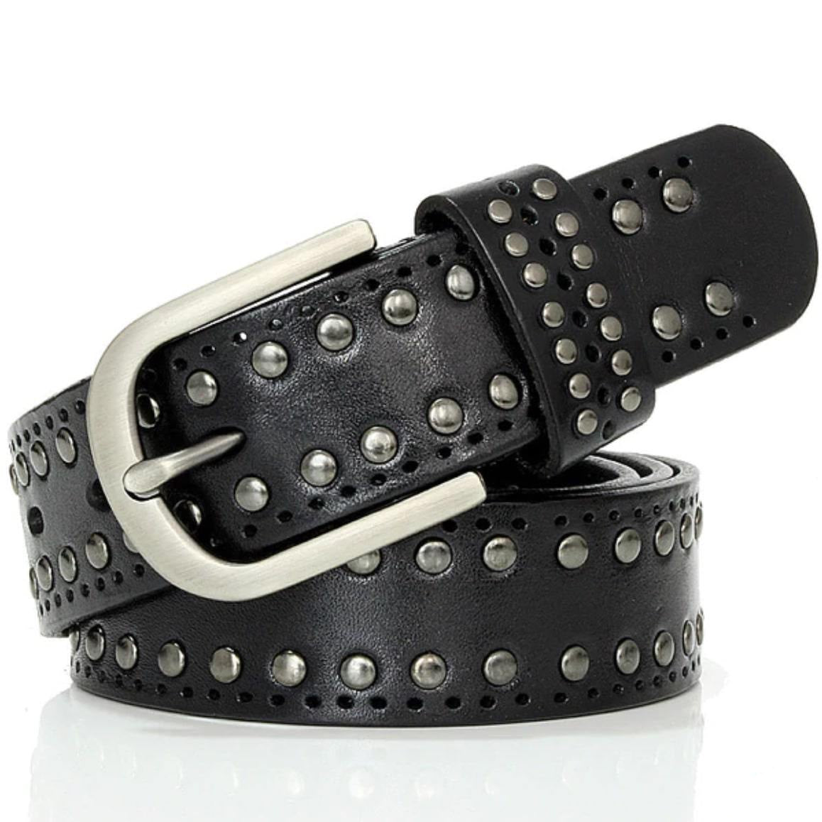 Black leather belt with silver buckle and studs.