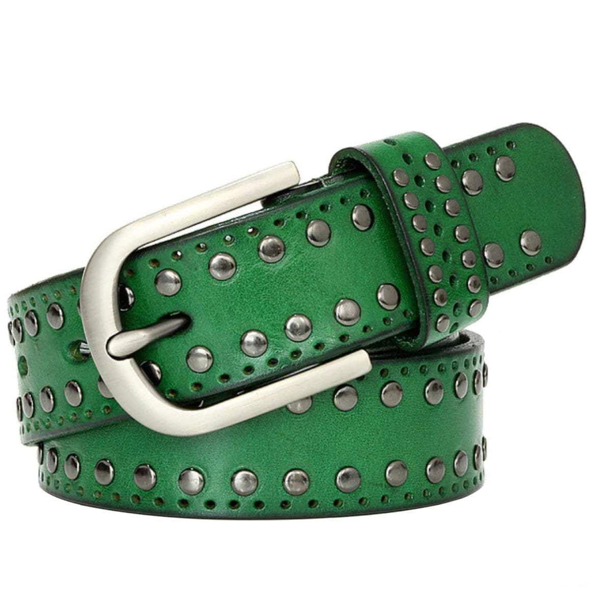 Green leather belt with silver buckle and studs.
