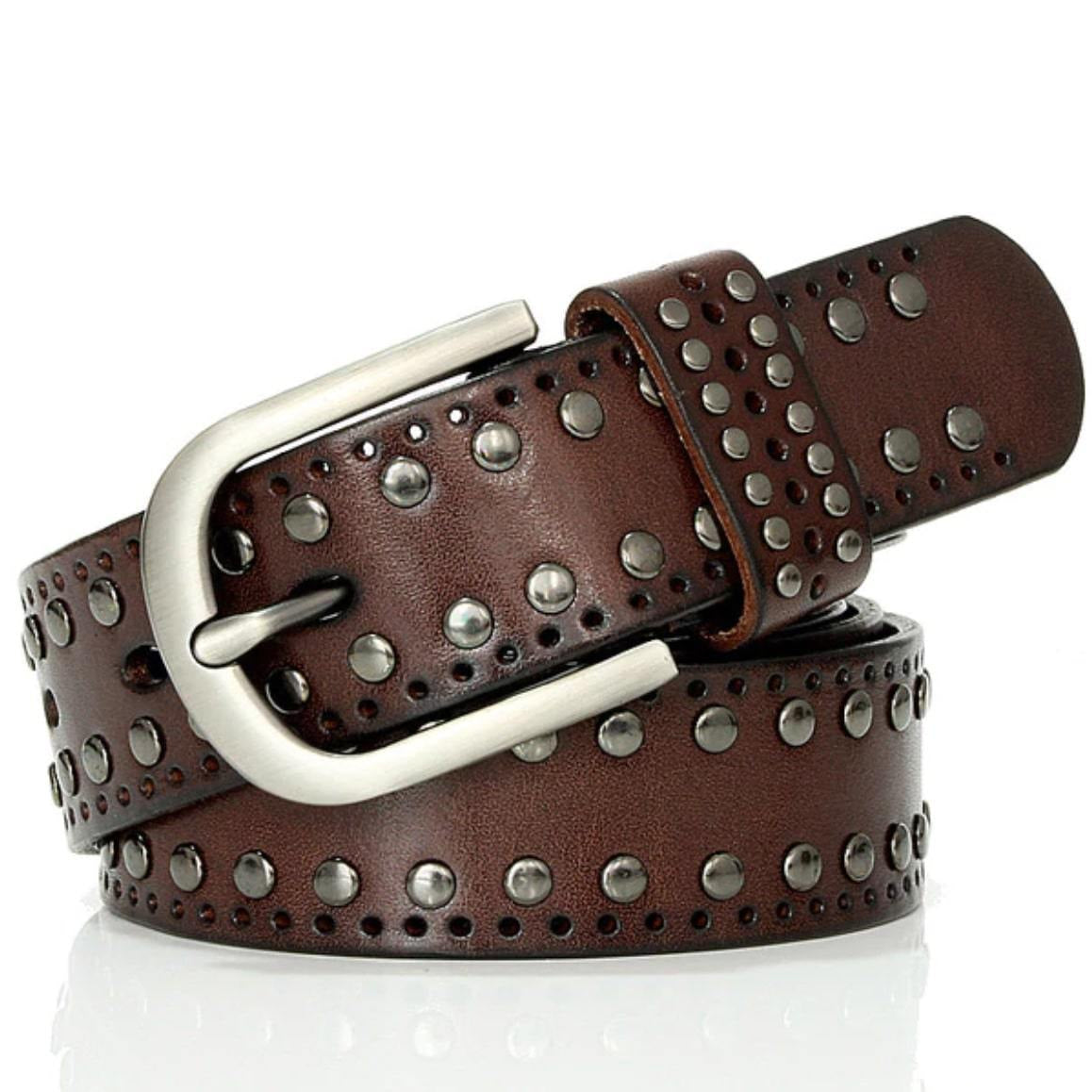 Brown leather belt with silver buckle and rivets.