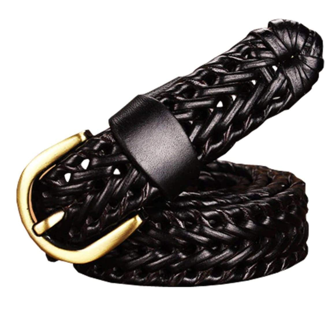 Black braided leather belt with gold buckle.
