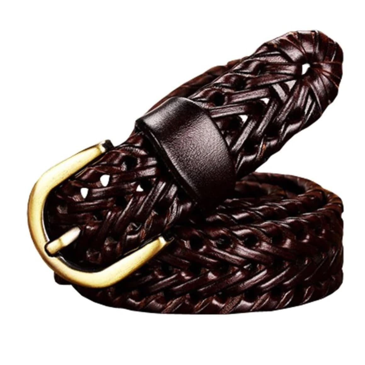 Brown braided leather belt with gold buckle.