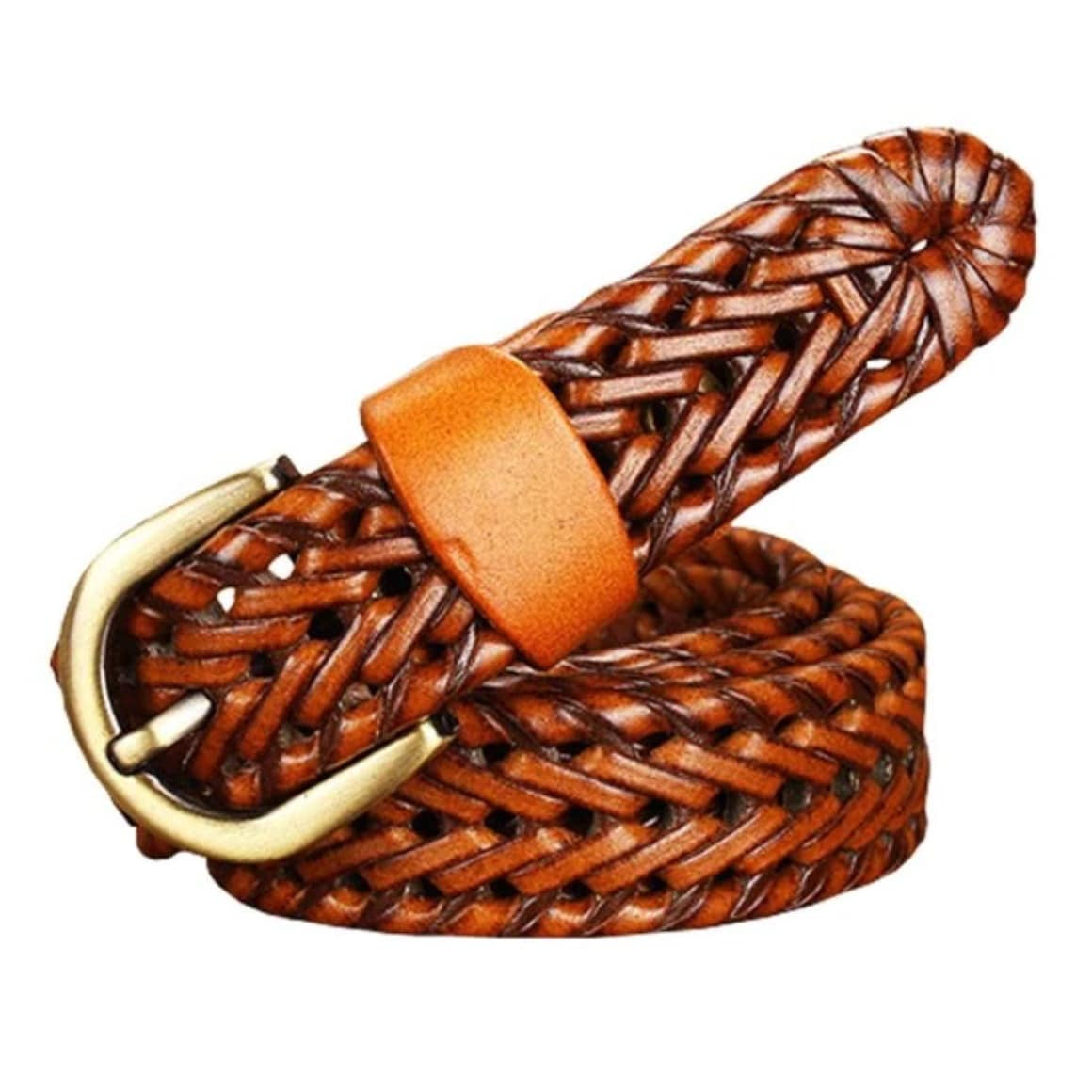 Braided brown leather belt with gold buckle.