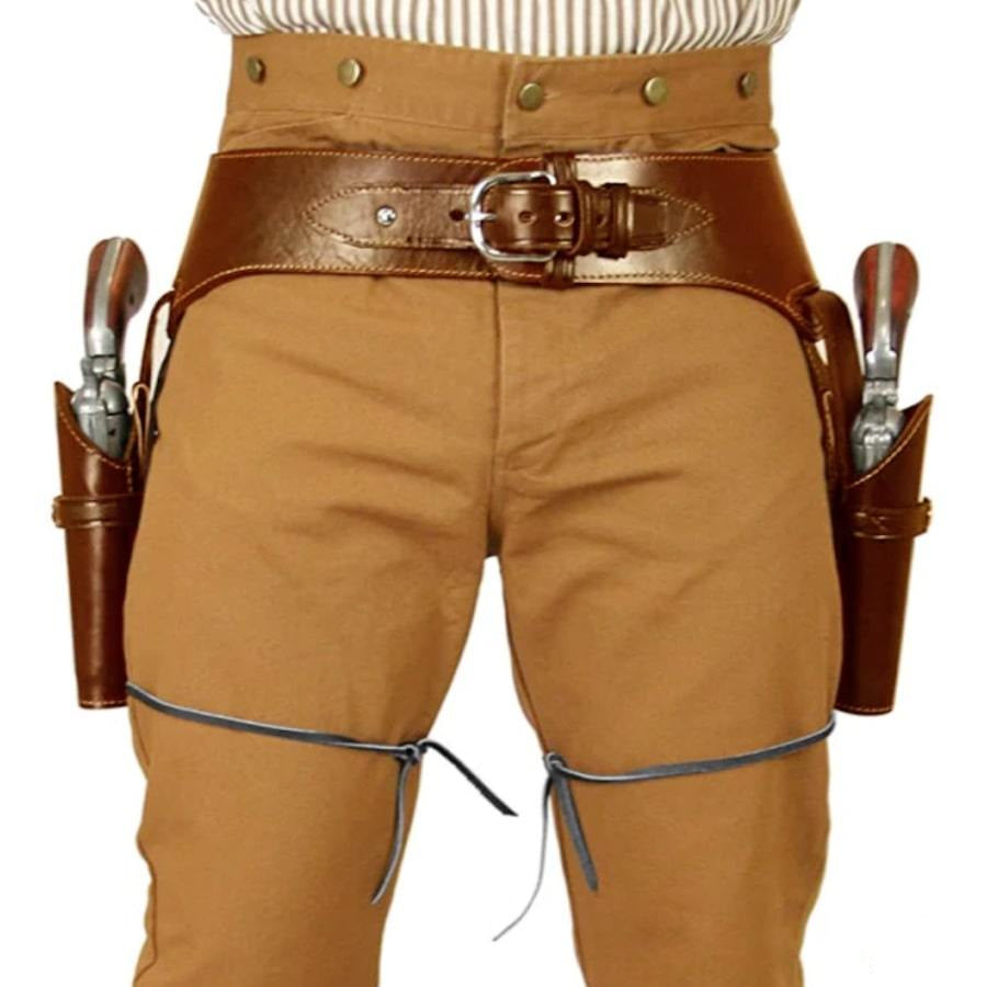 Waist-up shot of a person wearing a brown gun belt with holsters and revolvers. Brown pants with leg ties, striped shirt.