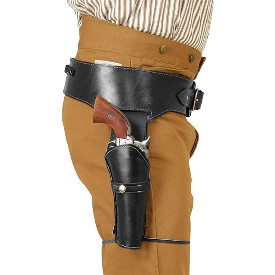 Person with a Western-style gun holster, brown pants, and striped shirt.