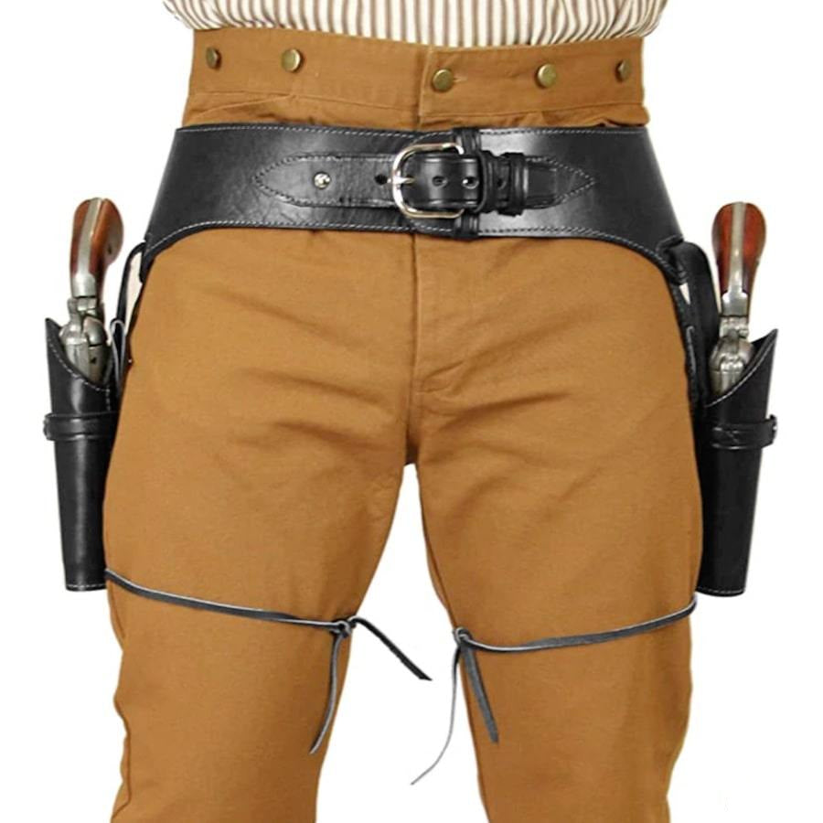 Close-up of a person wearing a western-style gun belt with holstered revolvers and brown pants.
