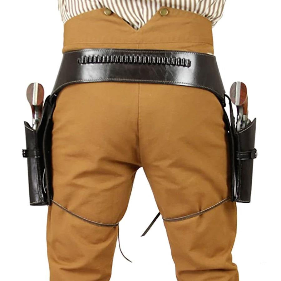 Western gun belt with holsters and pistols. Brown pants and striped shirt.