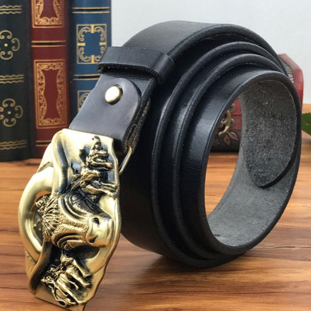 Black leather belt with an antique gold buckle.