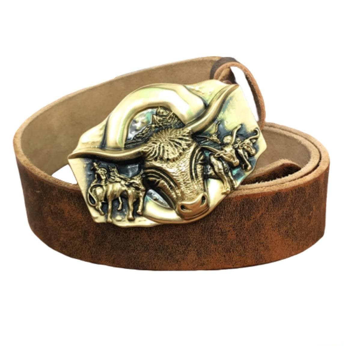 Leather belt with a golden bull-themed buckle.
