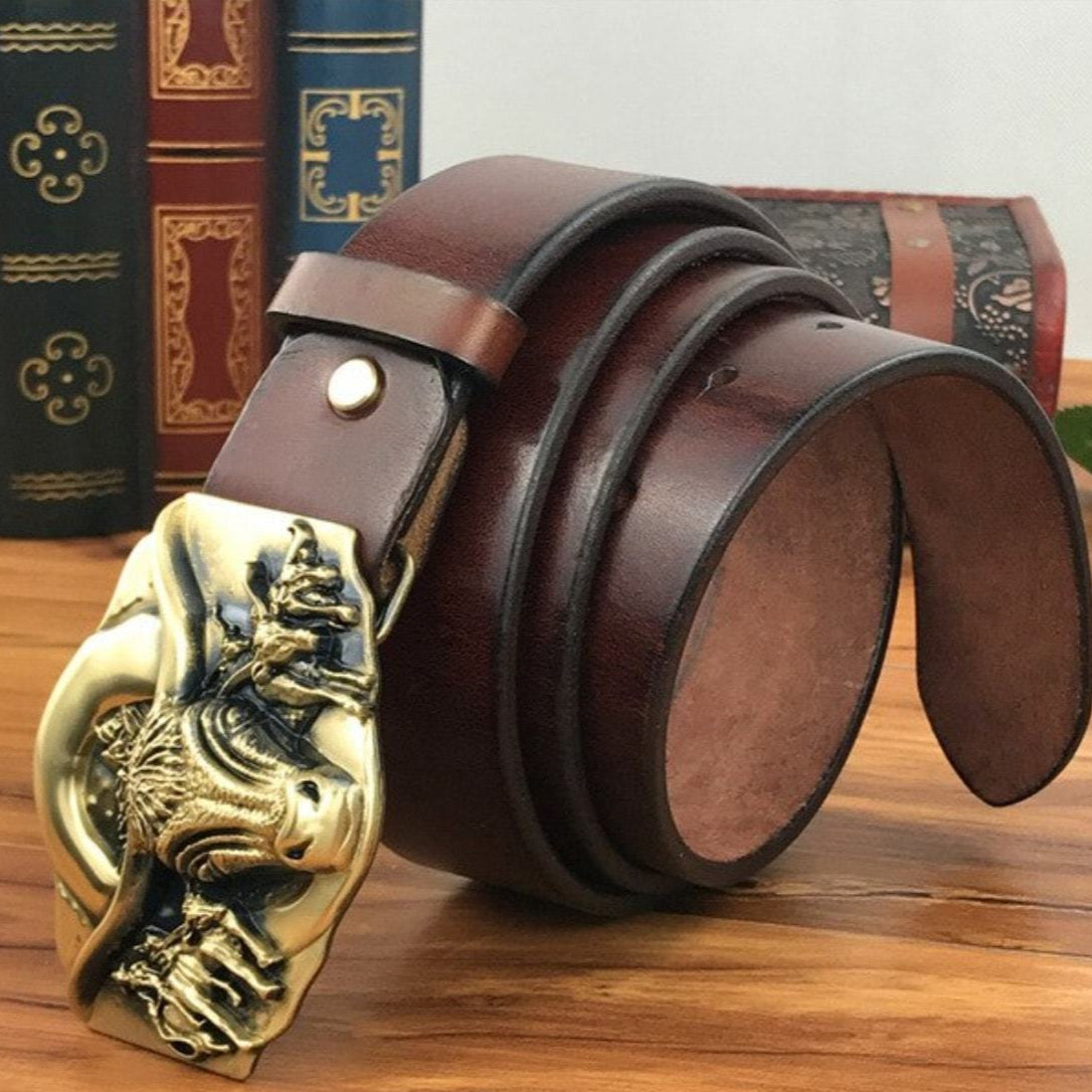 Brown leather belt with gold dragon buckle.
