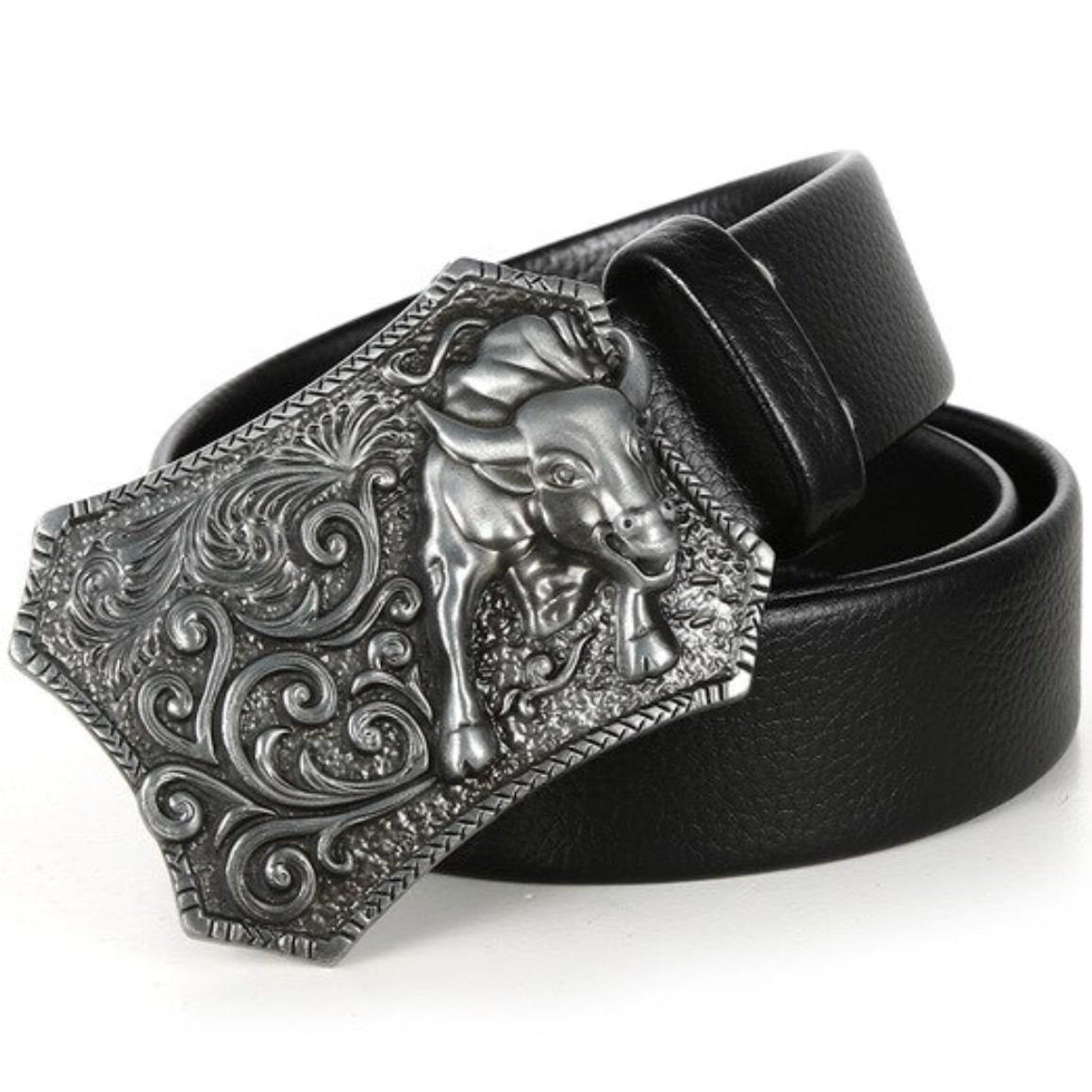 Black leather belt with silver bull buckle.

