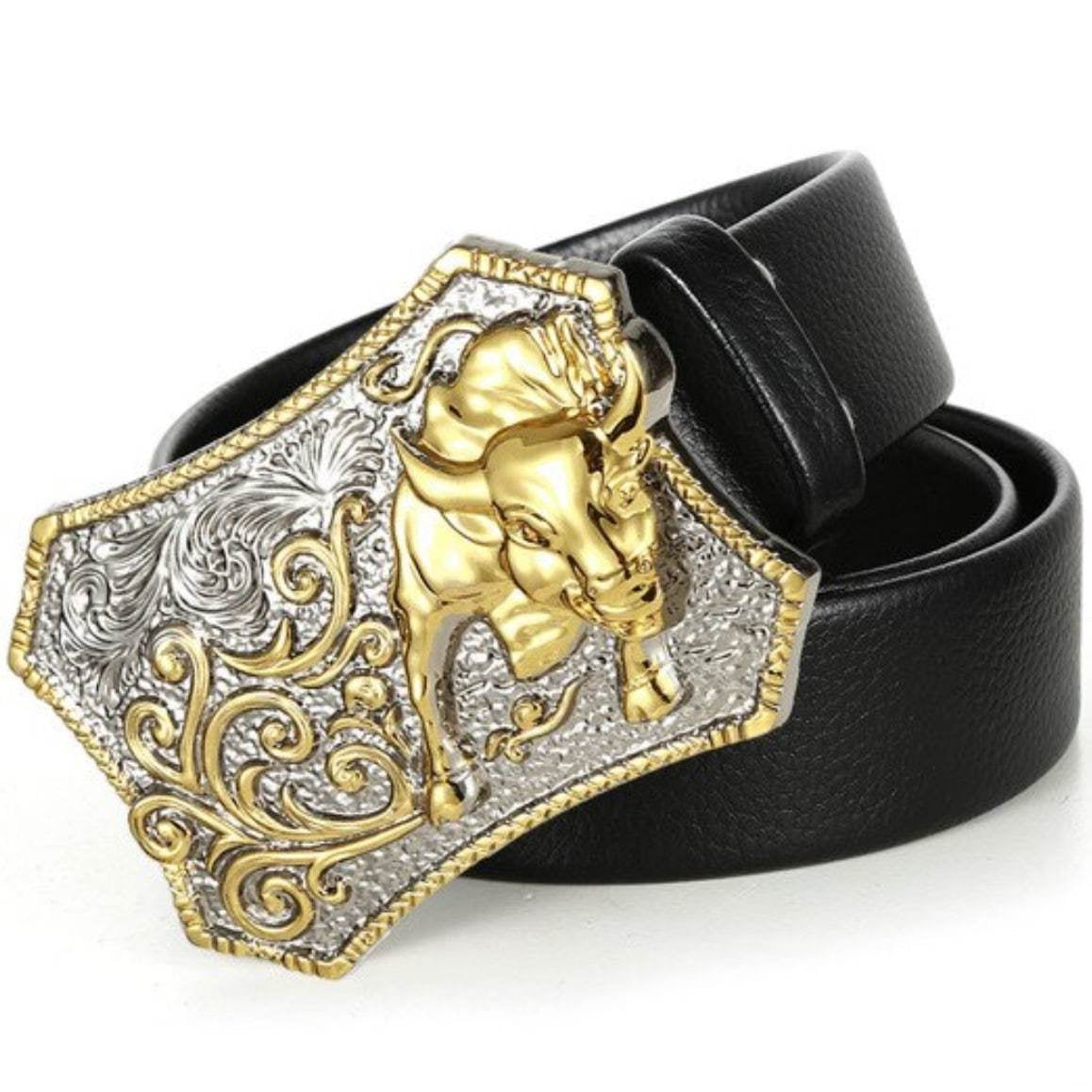 Black leather belt with silver and gold bull buckle.
