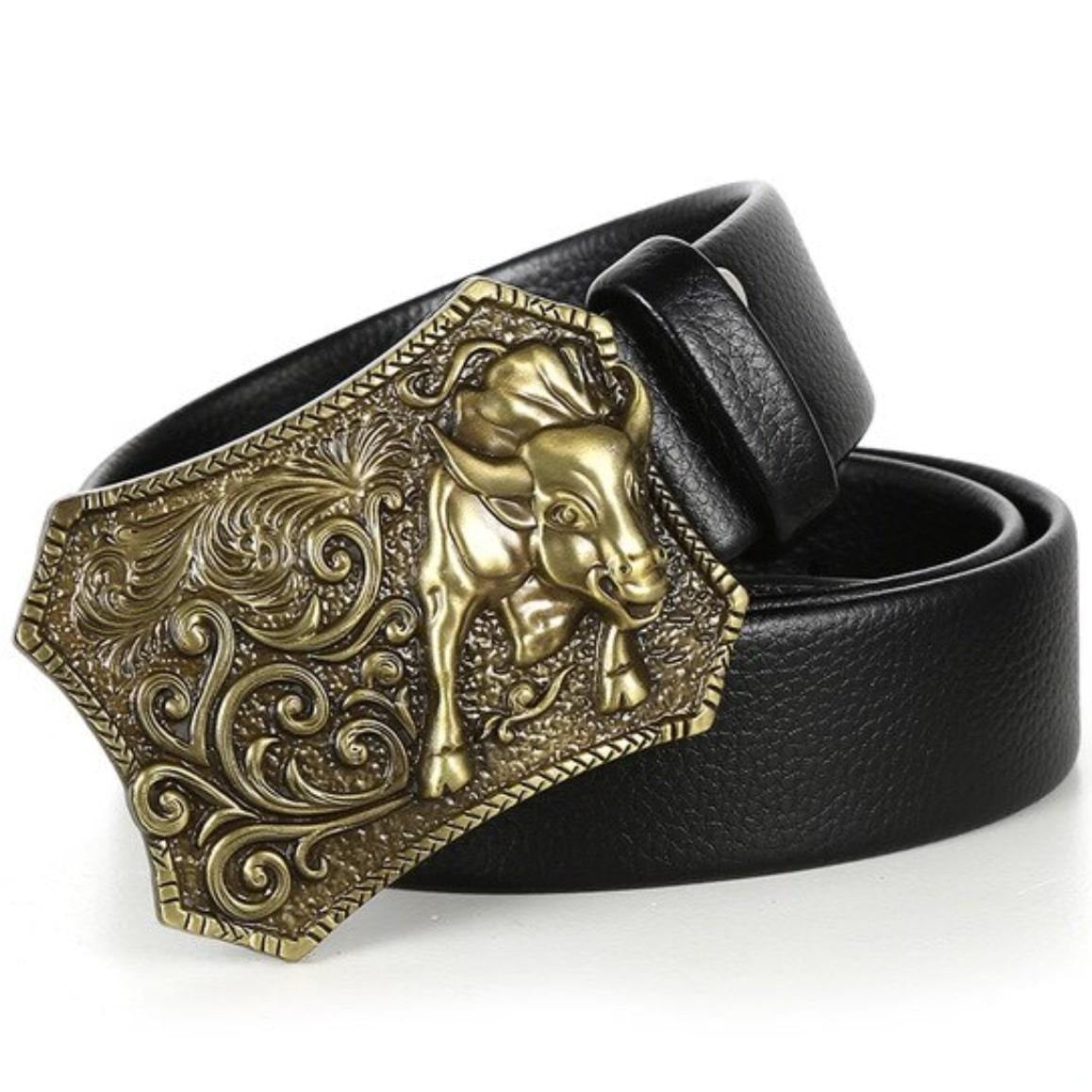 Black leather belt with golden bull buckle.
