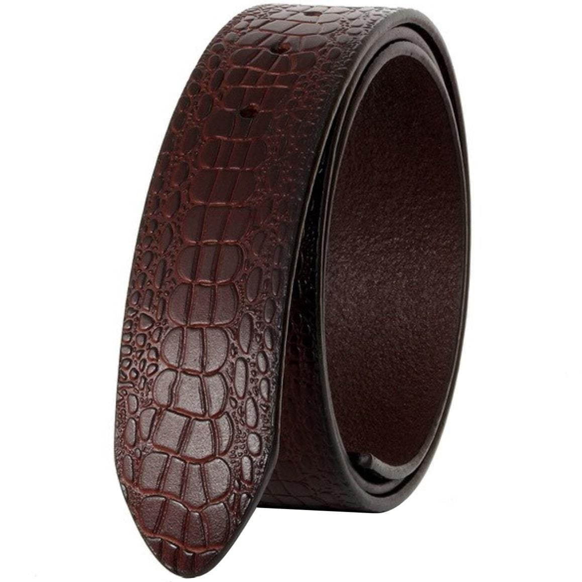 Brown leather belt with crocodile pattern.
