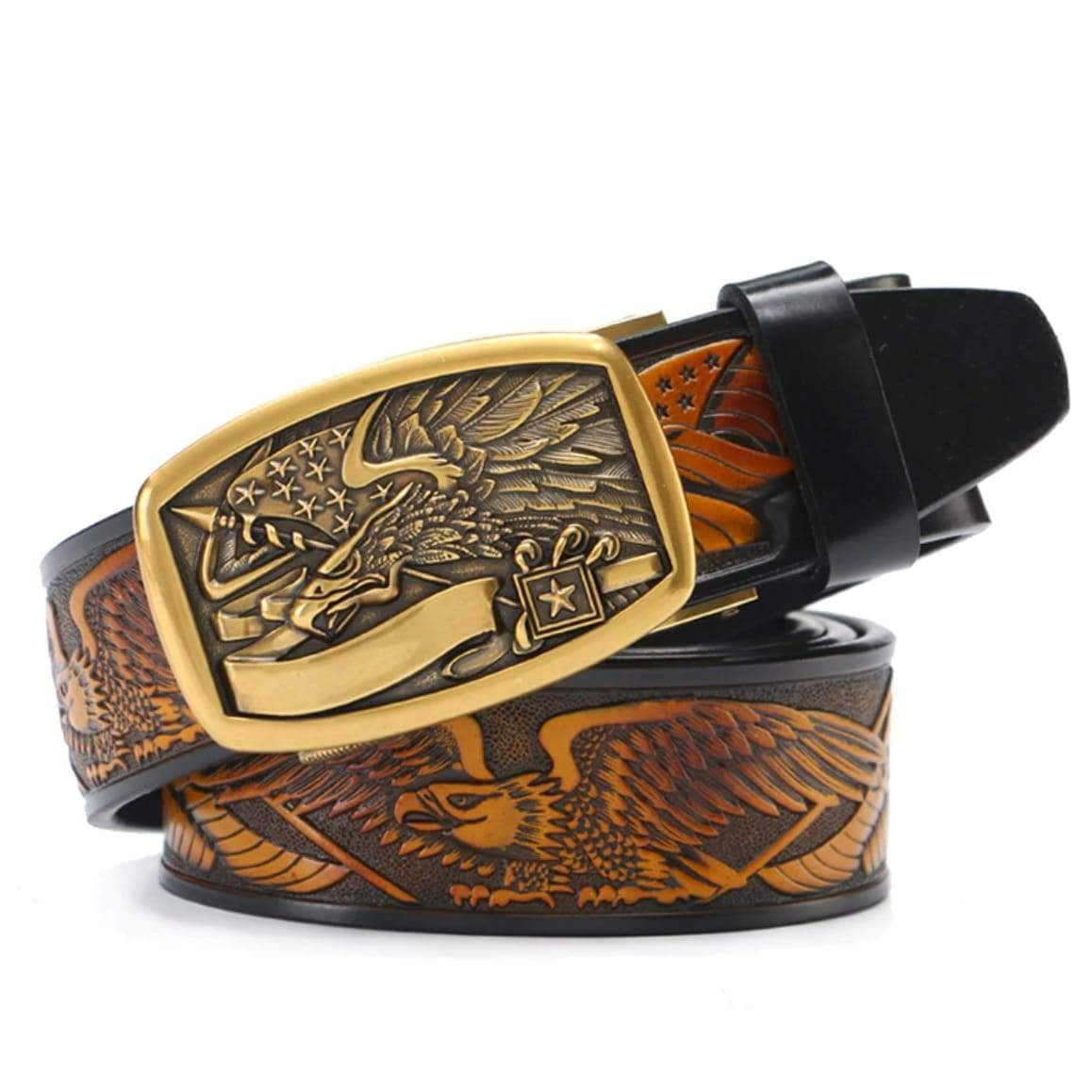 Leather belt with a bronze-colored eagle buckle and repeating eagle design.
