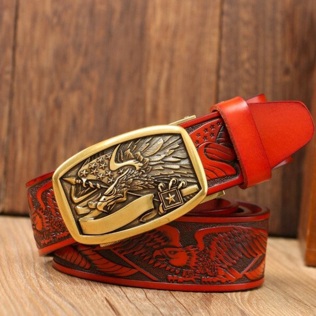 Red leather belt with golden eagle buckle.
