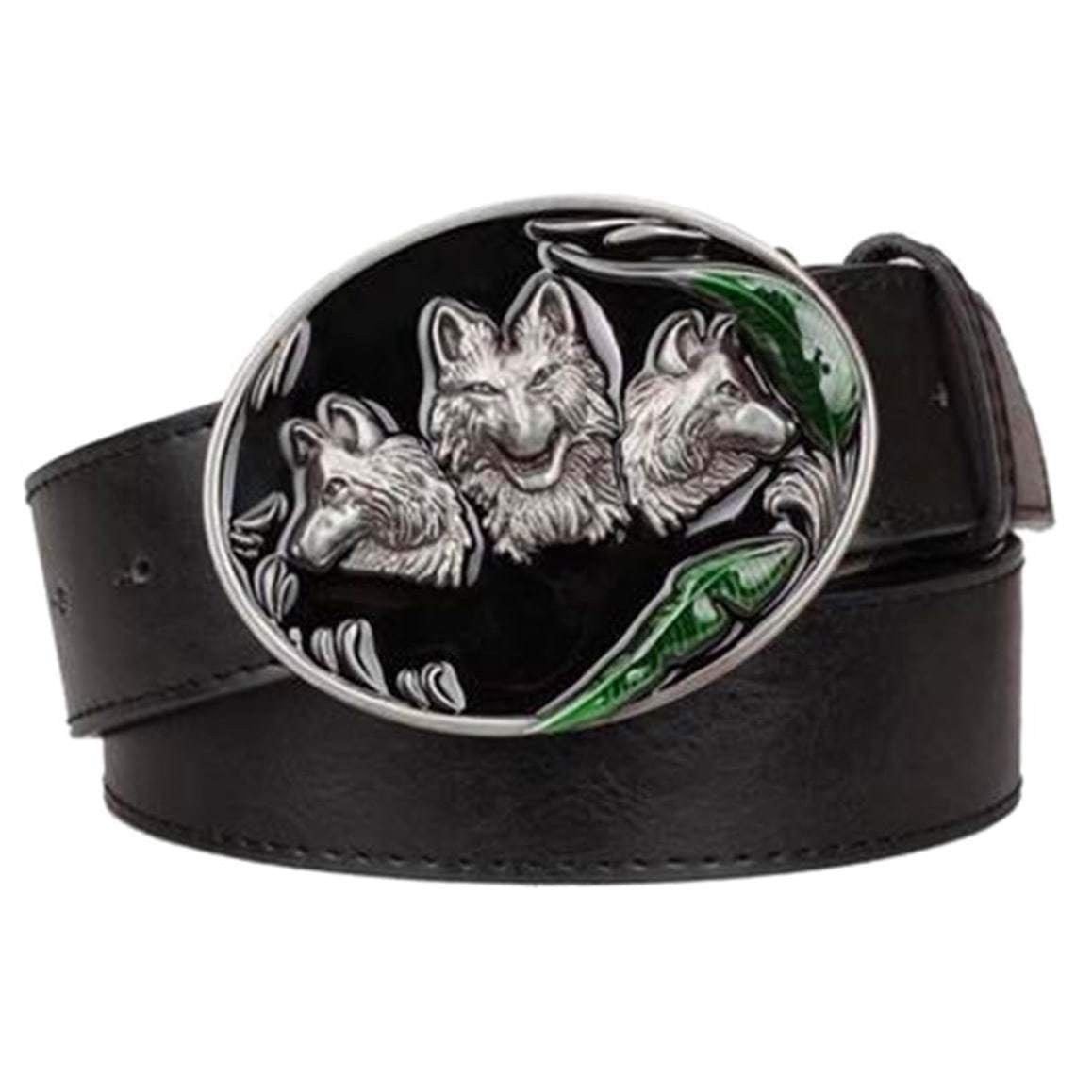 Black leather belt with oval wolf buckle.