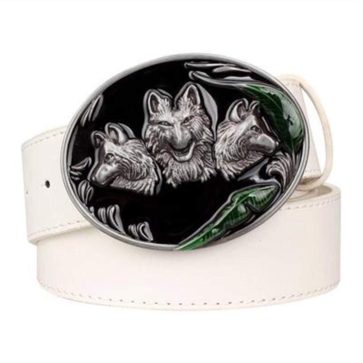 White leather belt with an oval buckle featuring three silver wolves on a black background with green foliage.