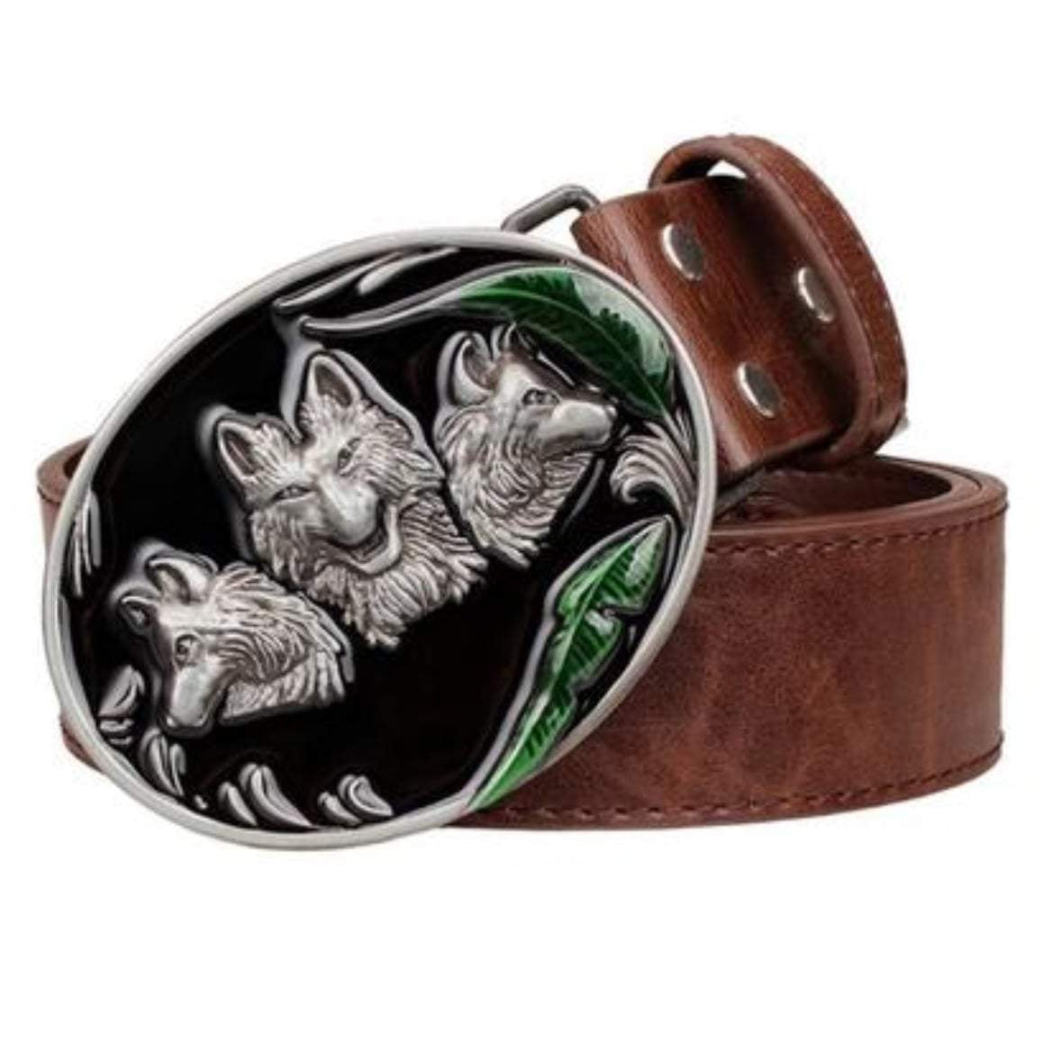 Brown leather belt with an oval wolf-themed buckle.
