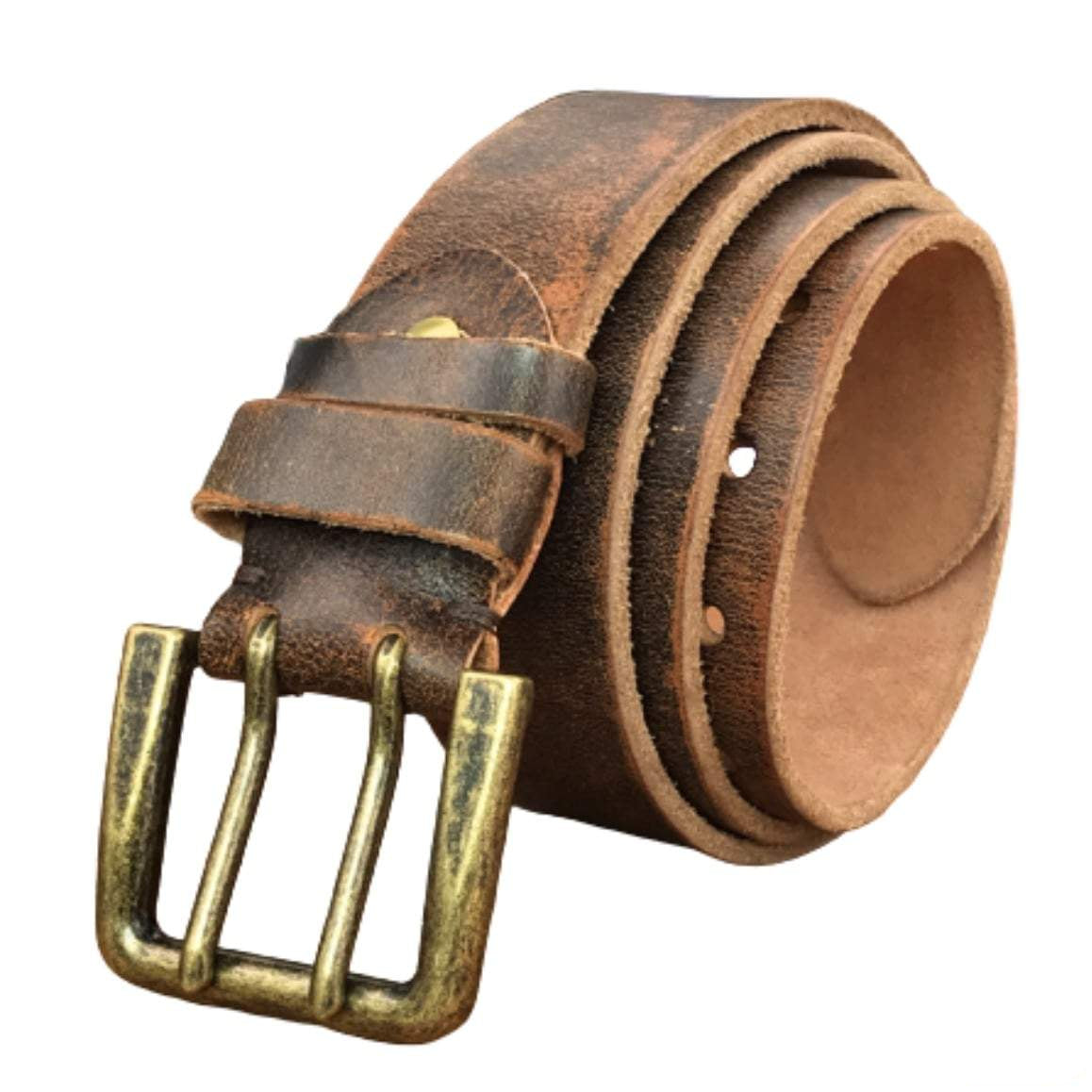 Brown leather belt with a brass buckle.
