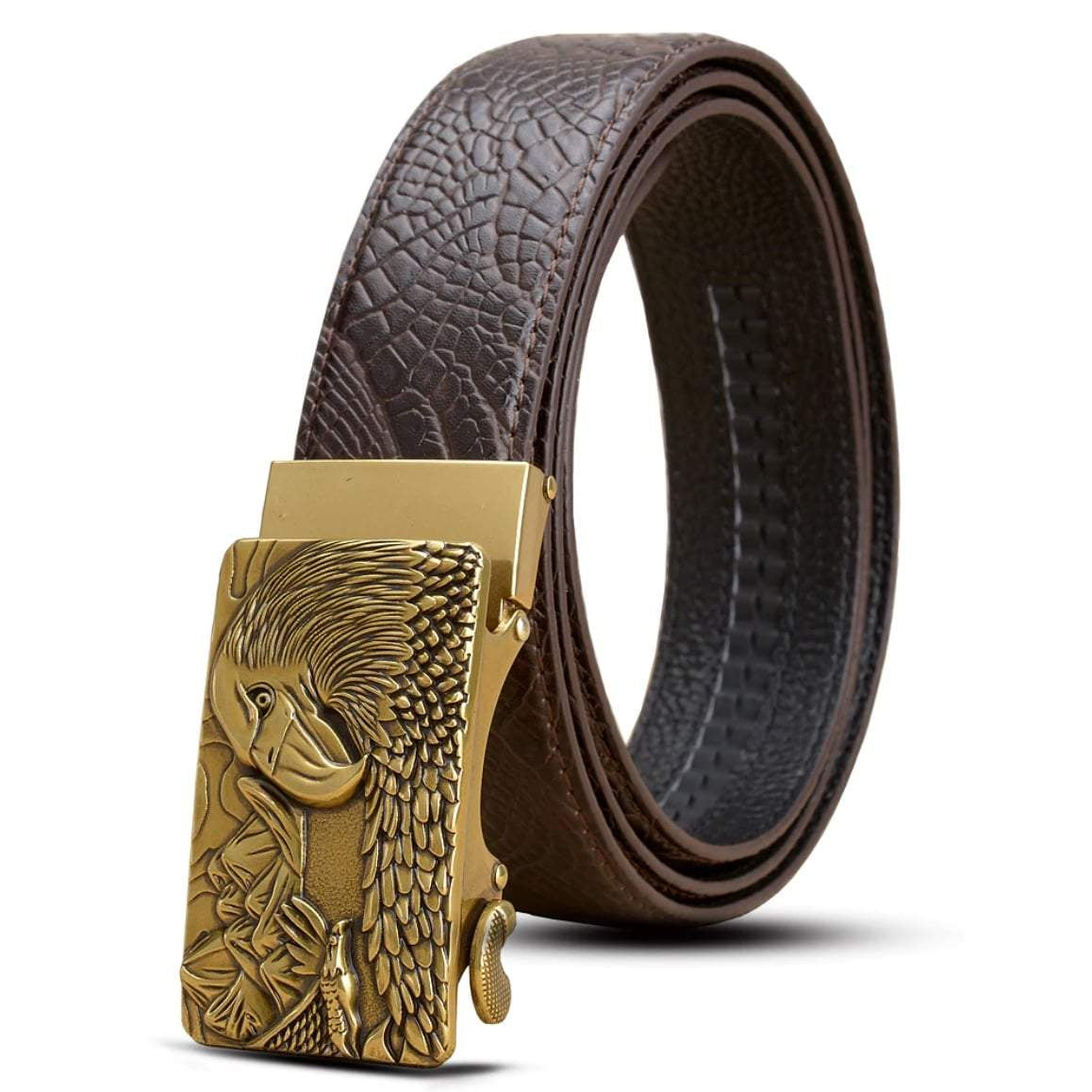 Brown, crocodile-patterned leather belt with a gold buckle featuring an eagle and a fish.