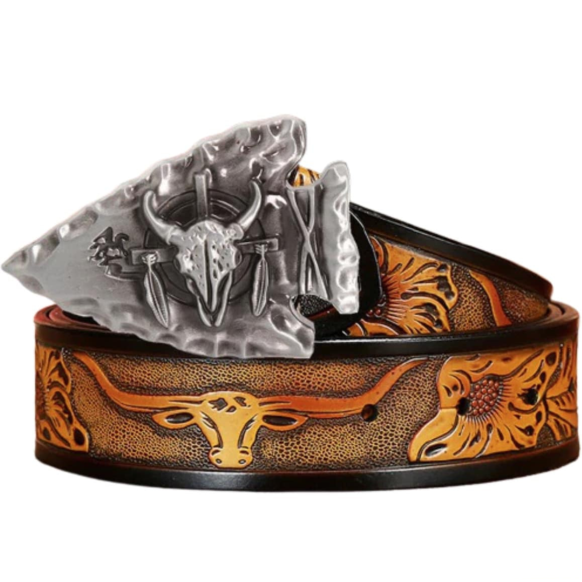 Leather belt with a silver arrowhead buckle featuring a bull skull, and embossed with a longhorn and sunflowers.