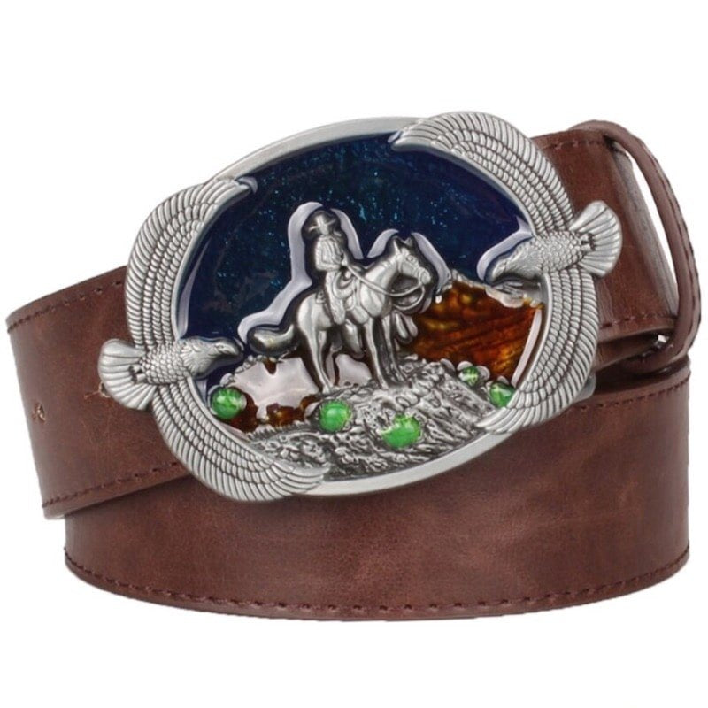 Brown leather belt with silver cowboy and eagle buckle.

