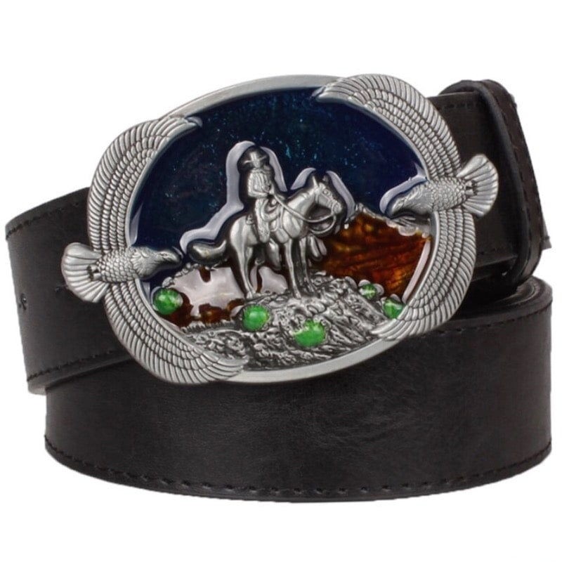 Black leather belt with silver cowboy-themed buckle.