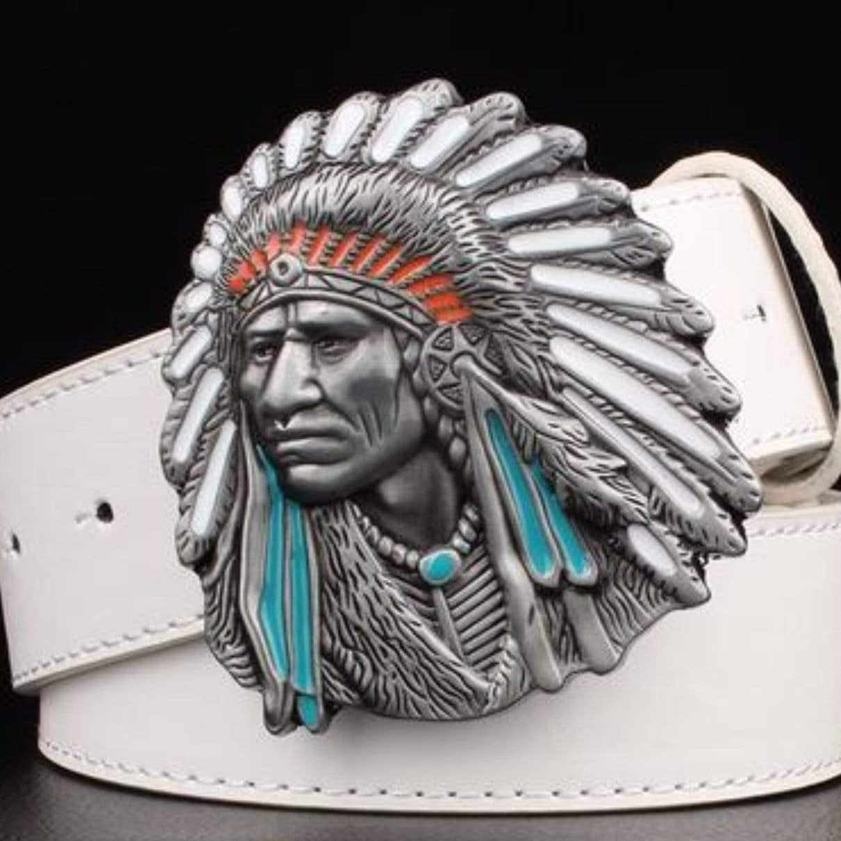 White leather belt with an Indian chief belt buckle.