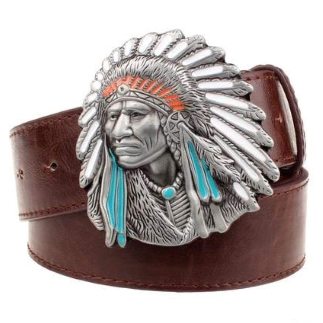 Brown leather belt with silver Native American chief belt buckle.

