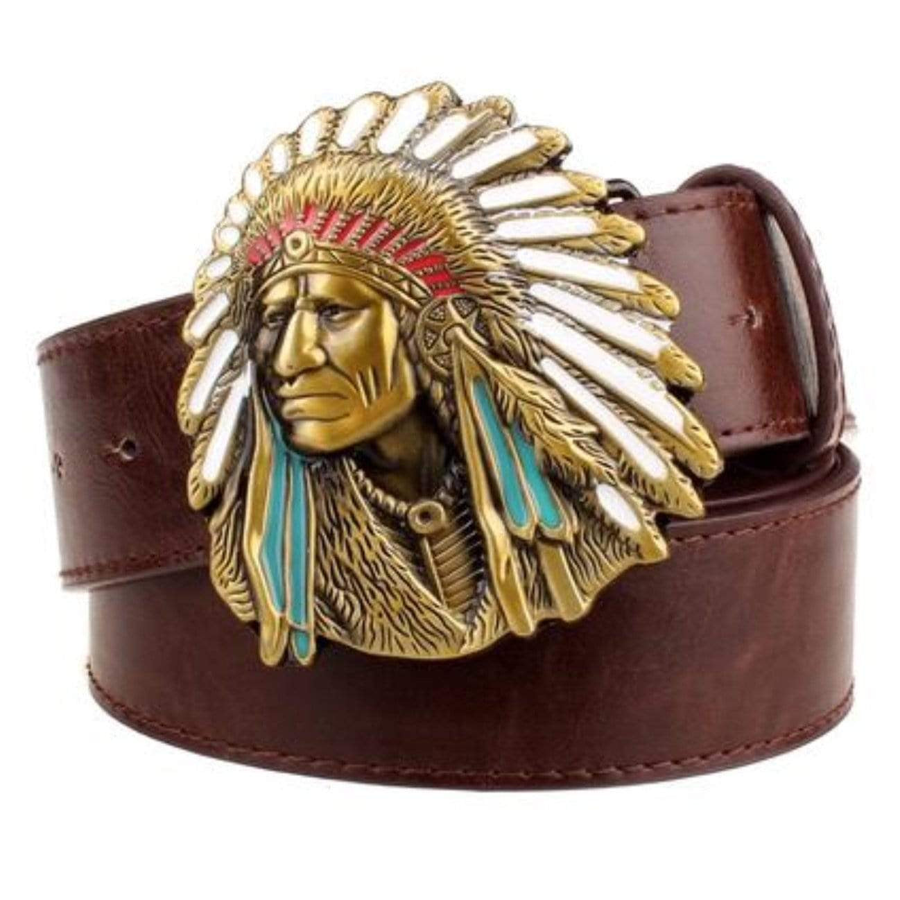 Close-up of a brown leather belt featuring a large, intricately detailed belt buckle depicting an American Indian chief in full headdress.