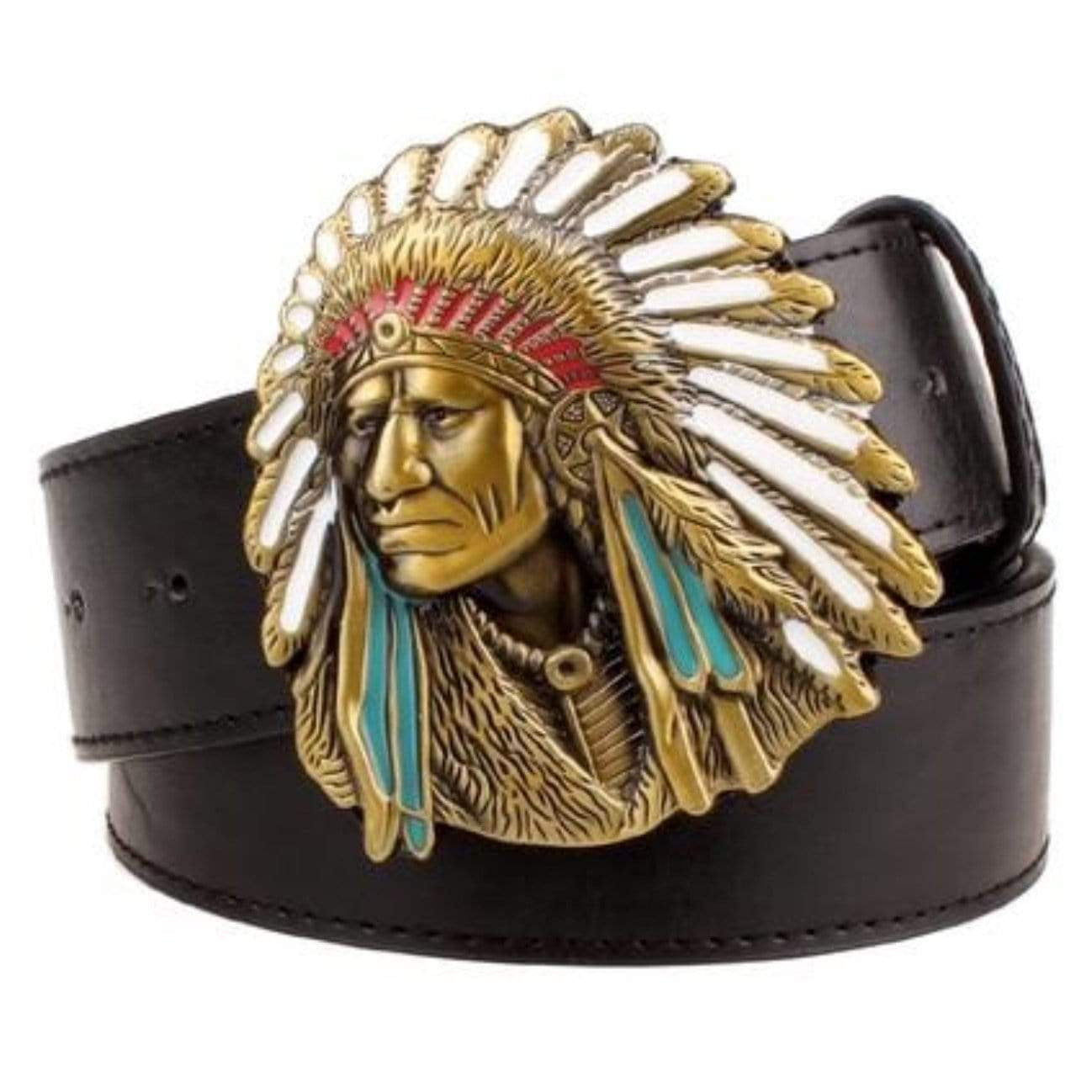 Black leather belt with a large, ornate belt buckle featuring an Indigenous American headdress design.