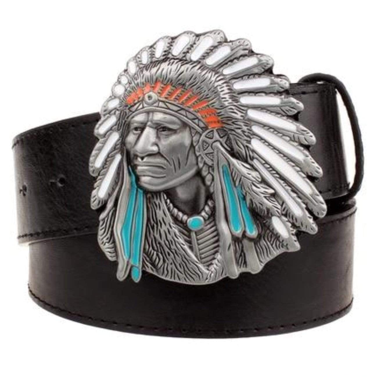 Black leather belt with a silver Native American chief belt buckle.