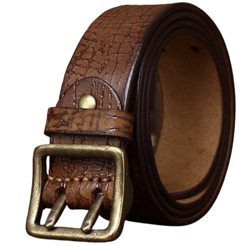 Brown leather belt with brass buckle.
