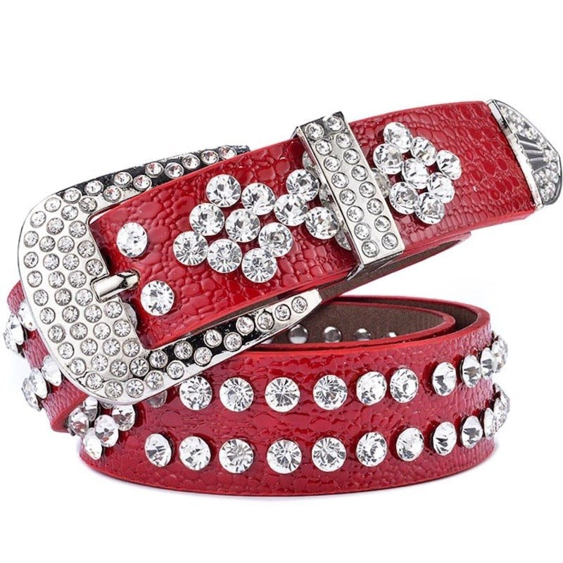 Red leather belt with rhinestones.