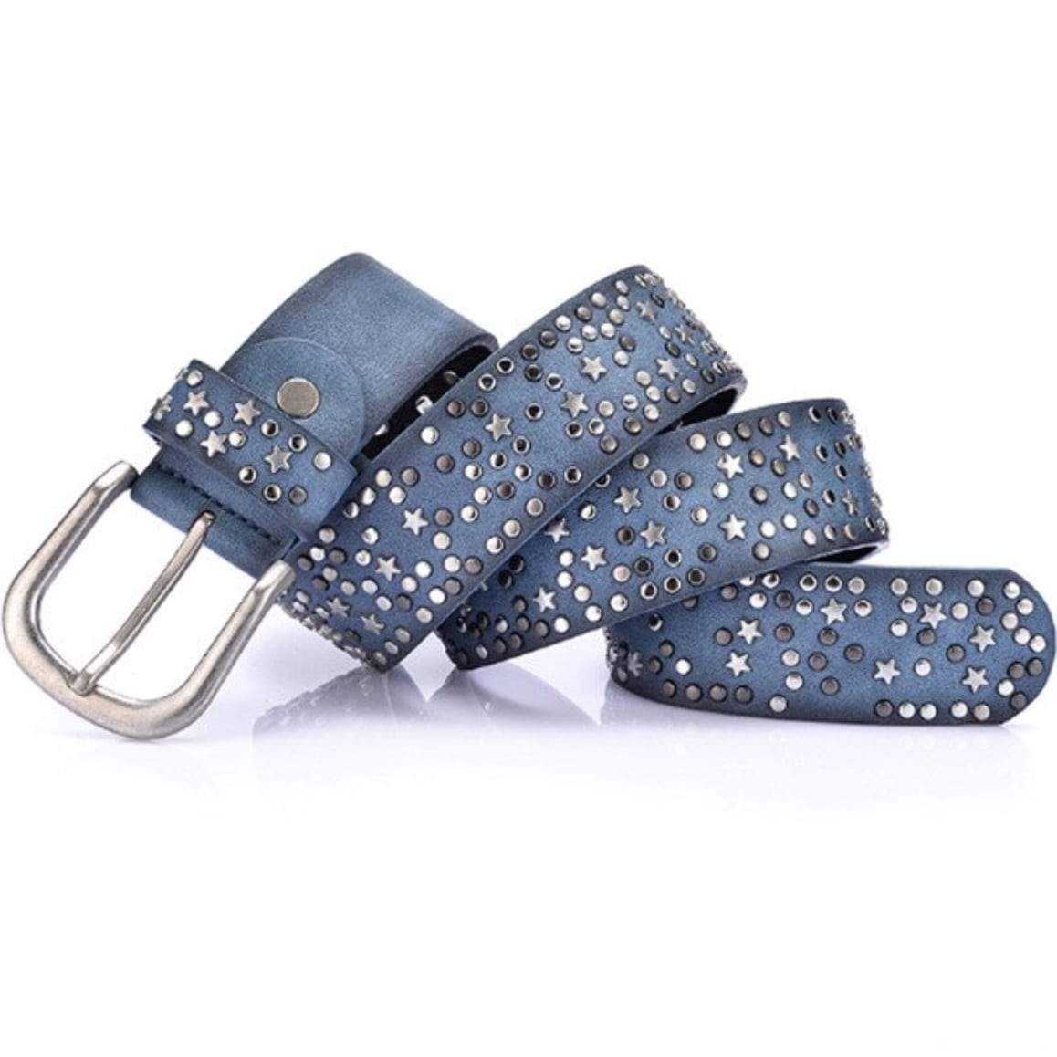 Blue leather belt with silver studs.