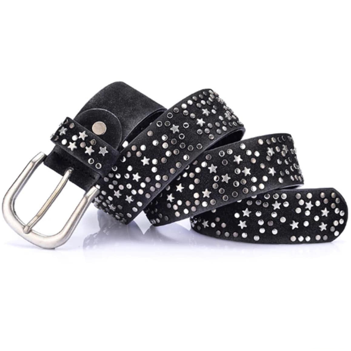 Black suede belt with silver stars and circle studs. Silver buckle.
