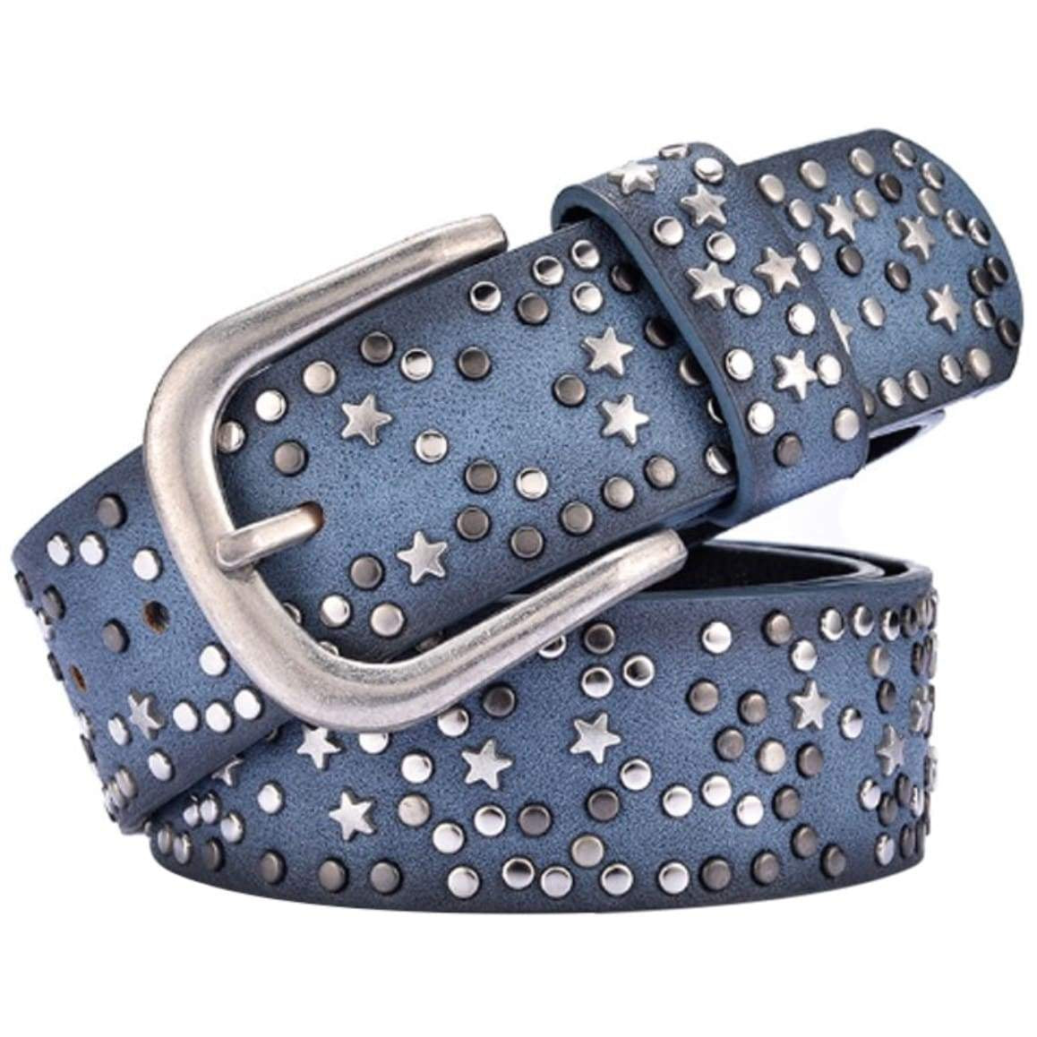 Blue studded leather belt with silver buckle and stars.

