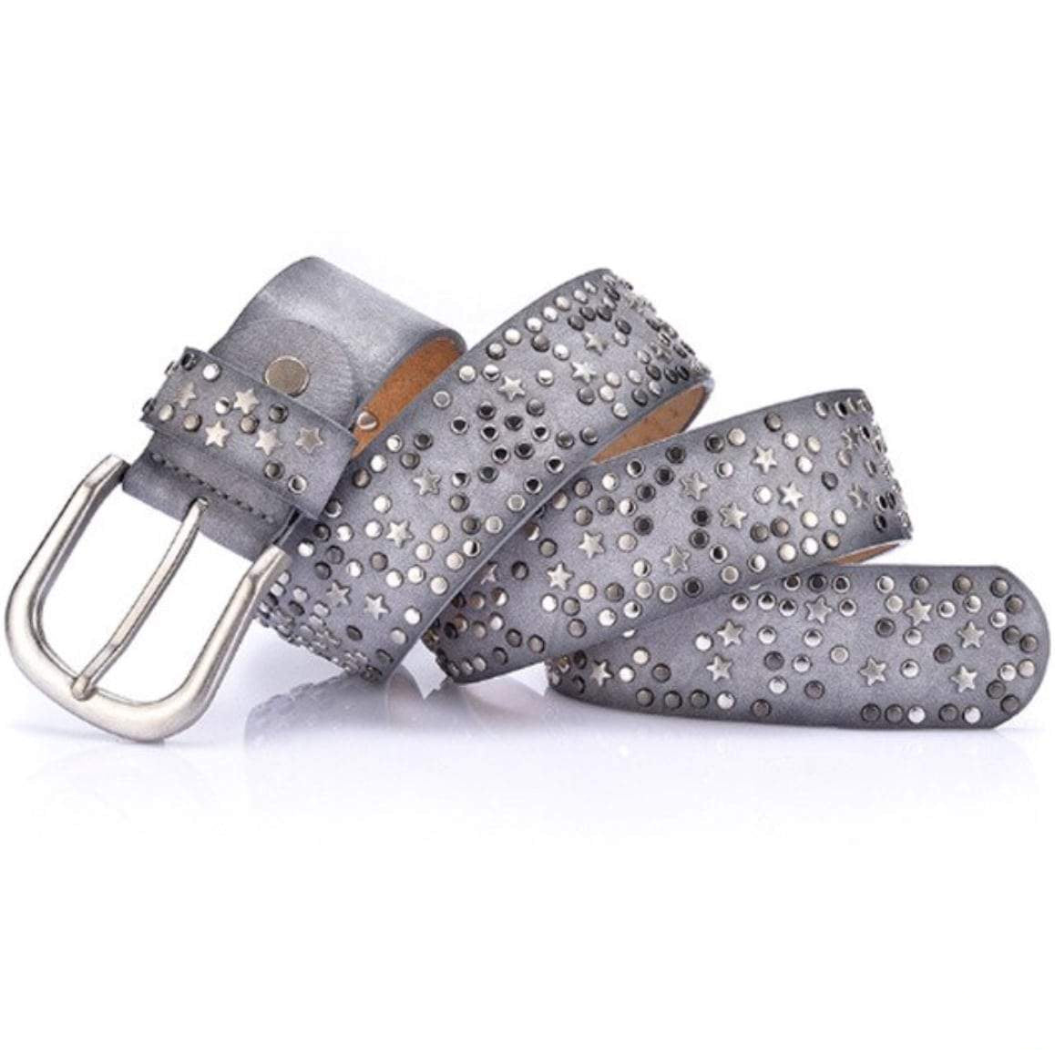 Gray studded belt with a silver buckle.