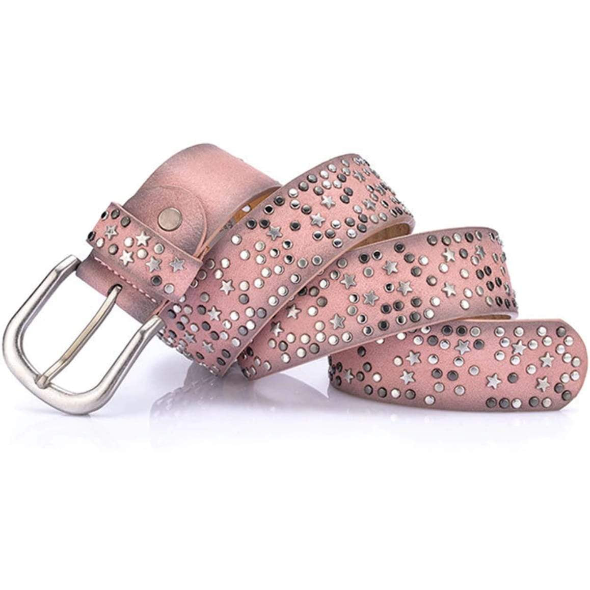 Light pink leather belt with silver studs.