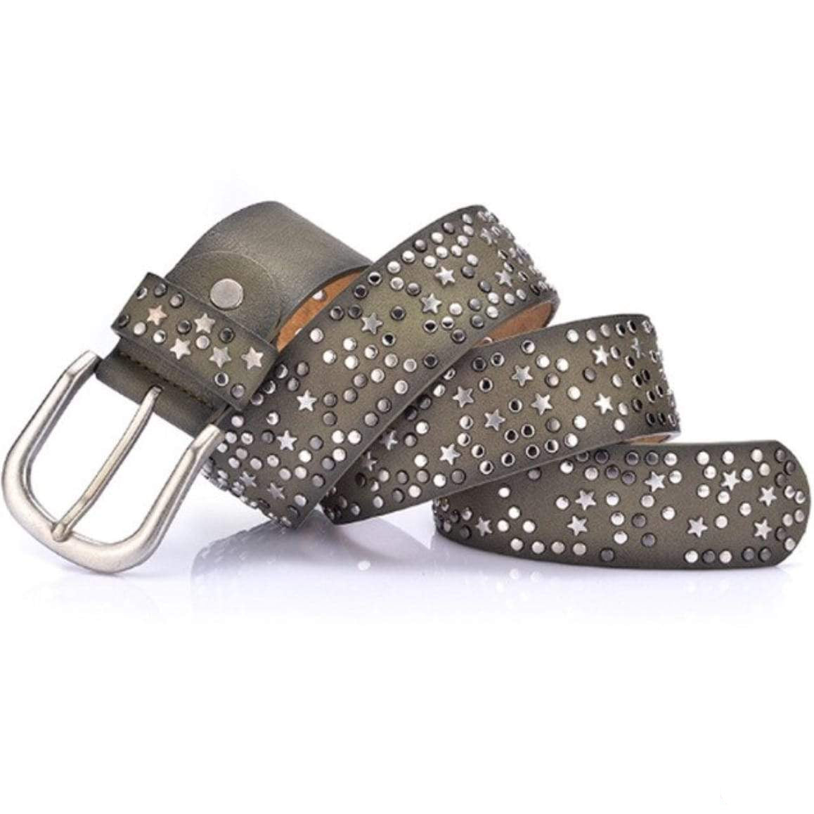 Gray leather belt with silver stars and circle studs.