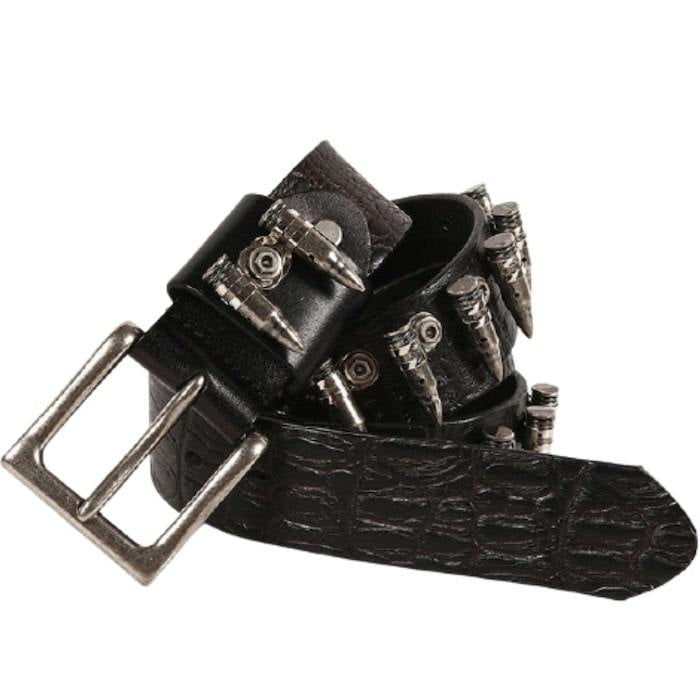 Black crocodile pattern belt with bullet accents and a silver buckle.