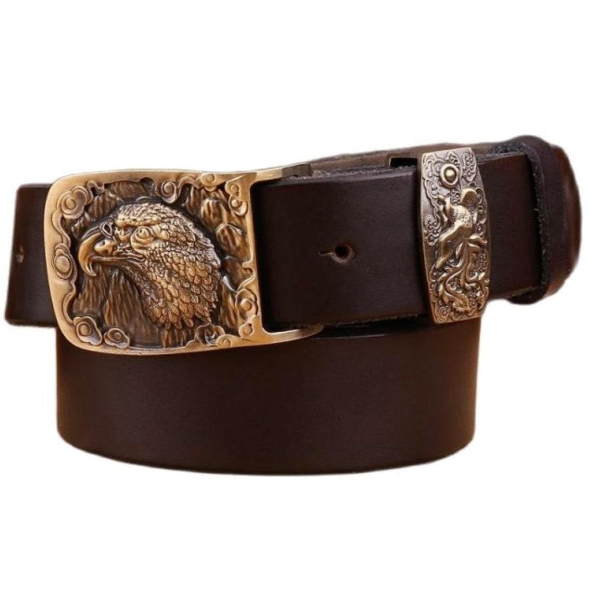 Brown leather belt with an eagle buckle.