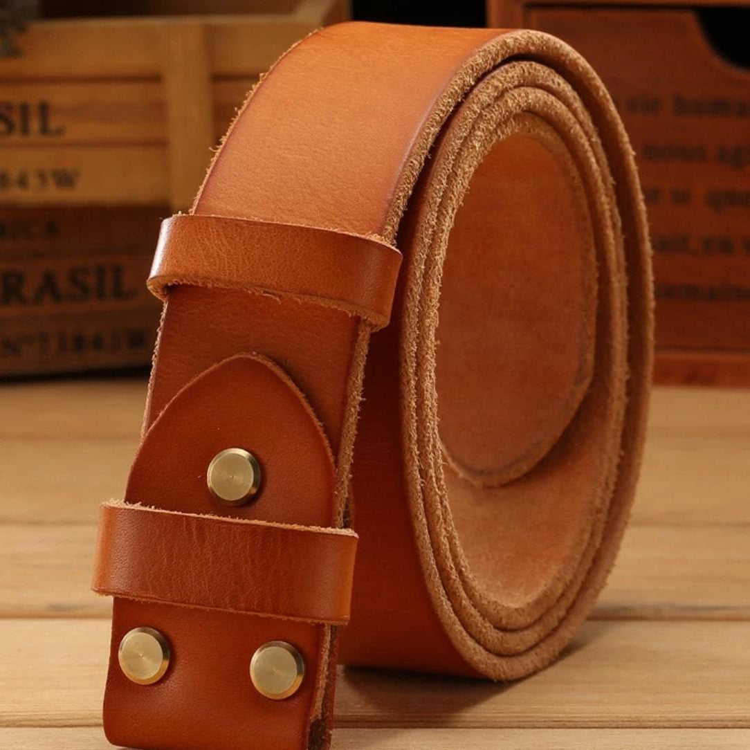 Brown leather belt with gold rivets.
