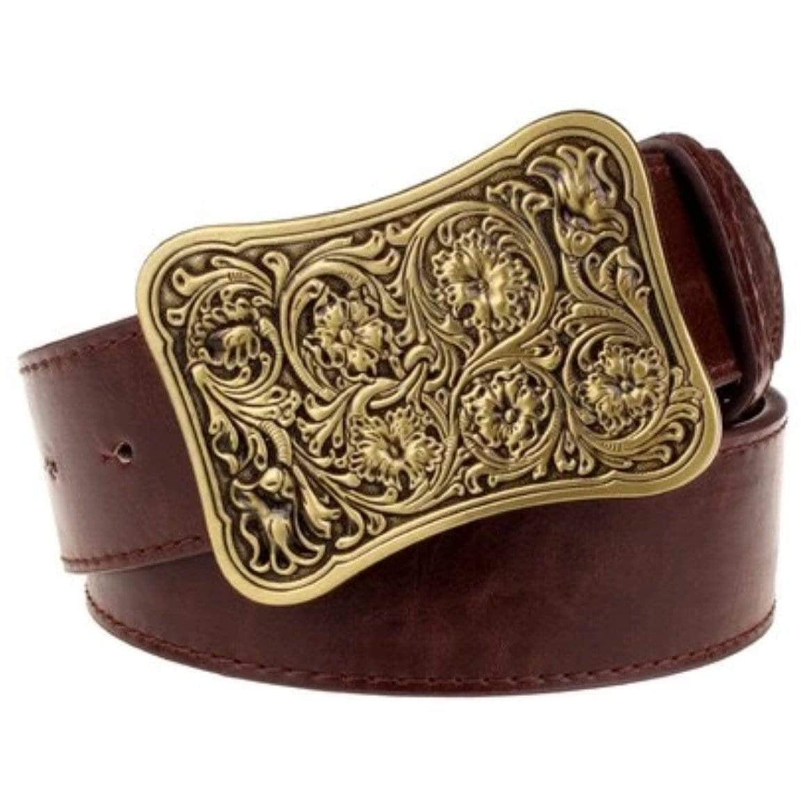 Brown leather belt with ornate gold buckle.