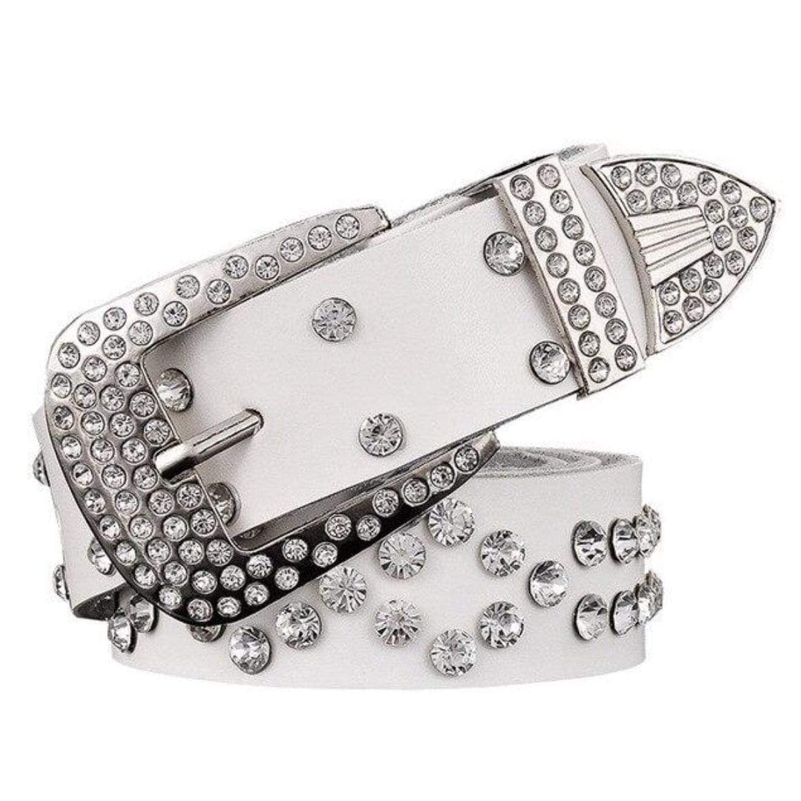 White leather belt with silver buckle and rhinestones.
