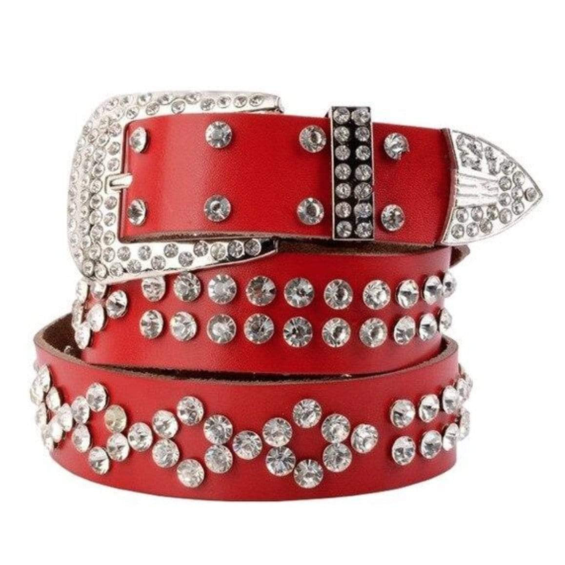 Red belt with silver rhinestones and buckle.