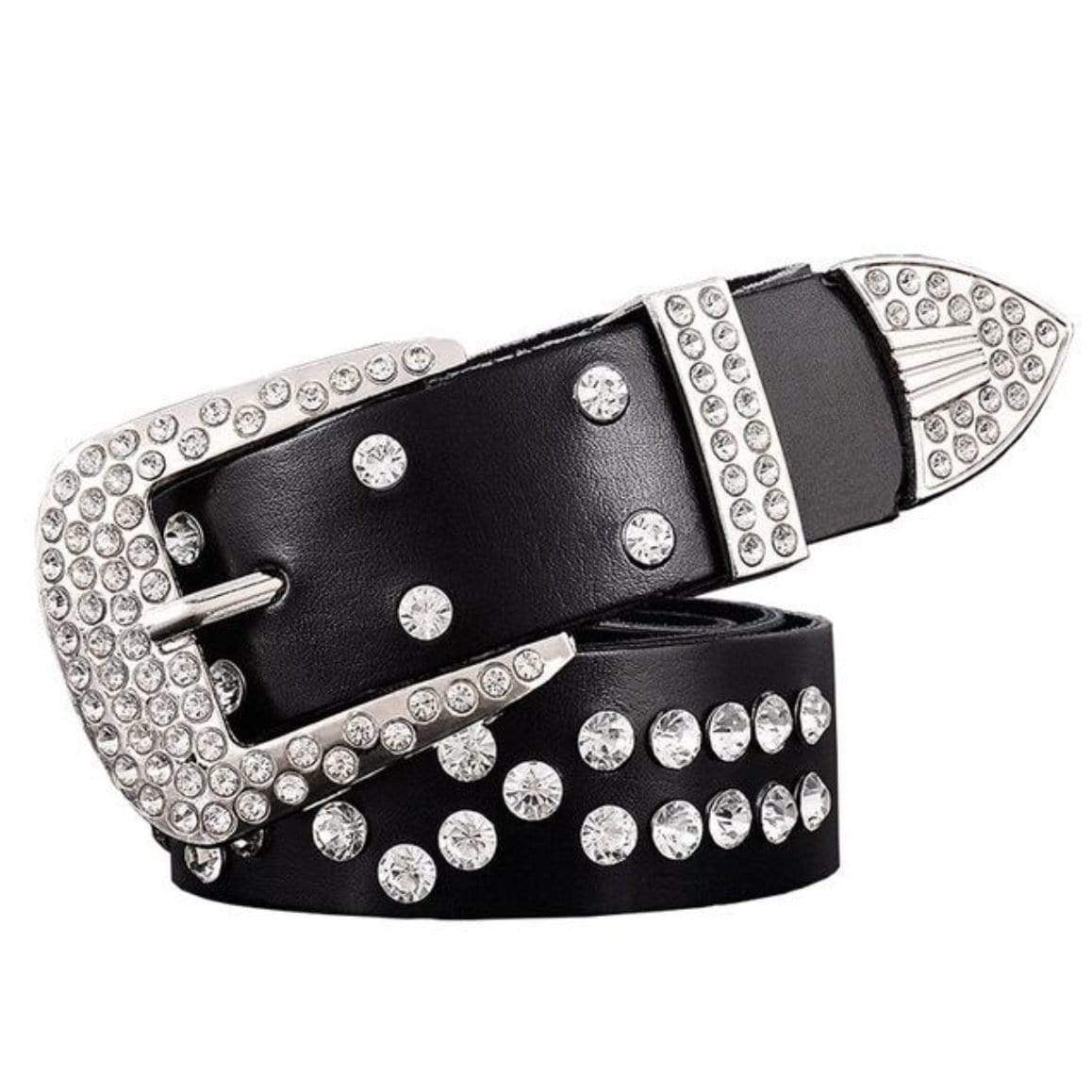 Black belt with silver rhinestone studs and buckle.