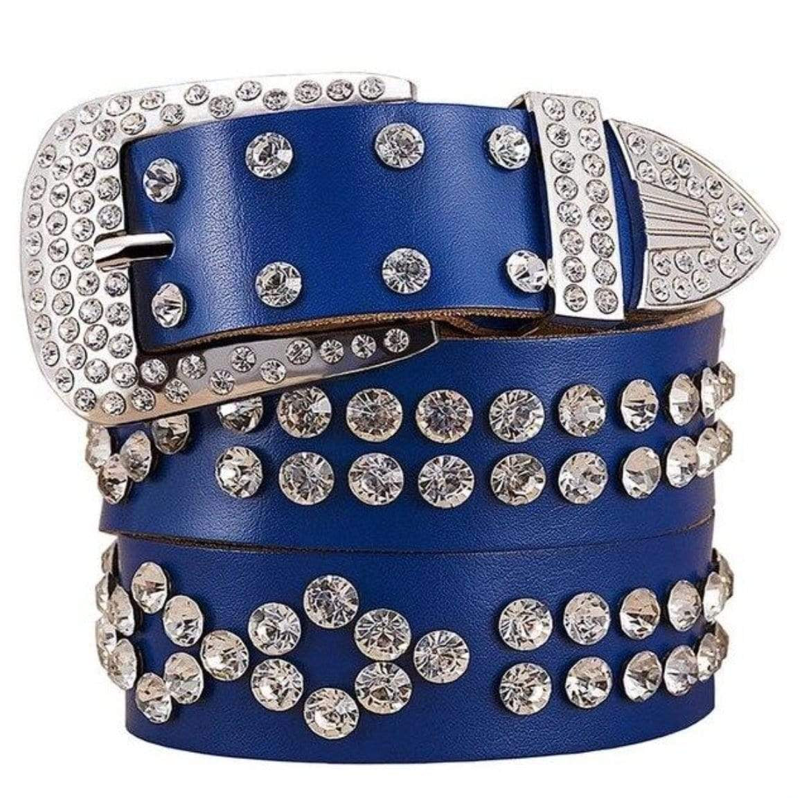 Blue leather belt with rhinestone embellishments and silver buckle.